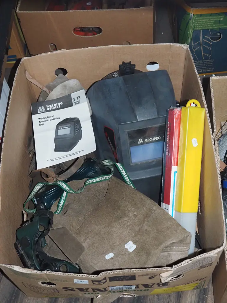 box; welder's rods, helmet, apron etc Image 1++