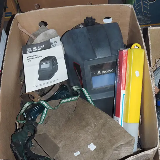 box; welder's rods, helmet, apron etc