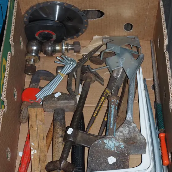 box; cold chisels, G clamps, circular saw blades etc