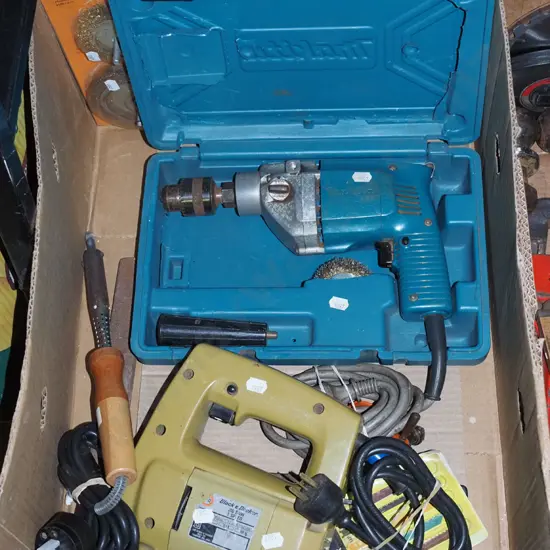 box; electric drill, jig saw, electric soldering iron