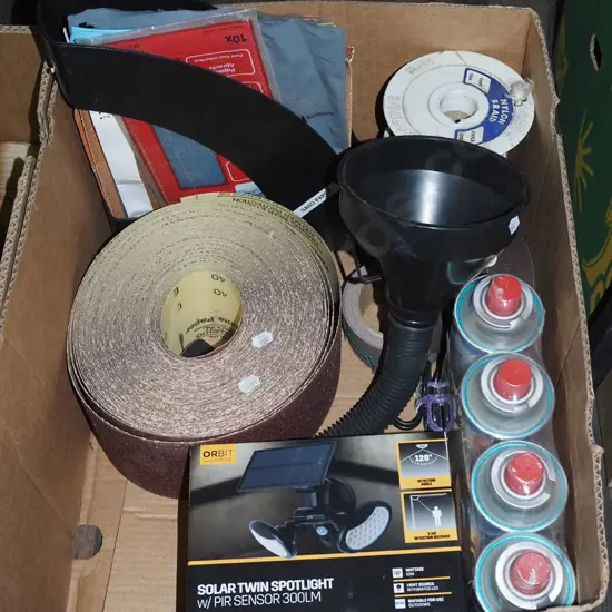 box; sand paper, solder spot lights, butane gas etc