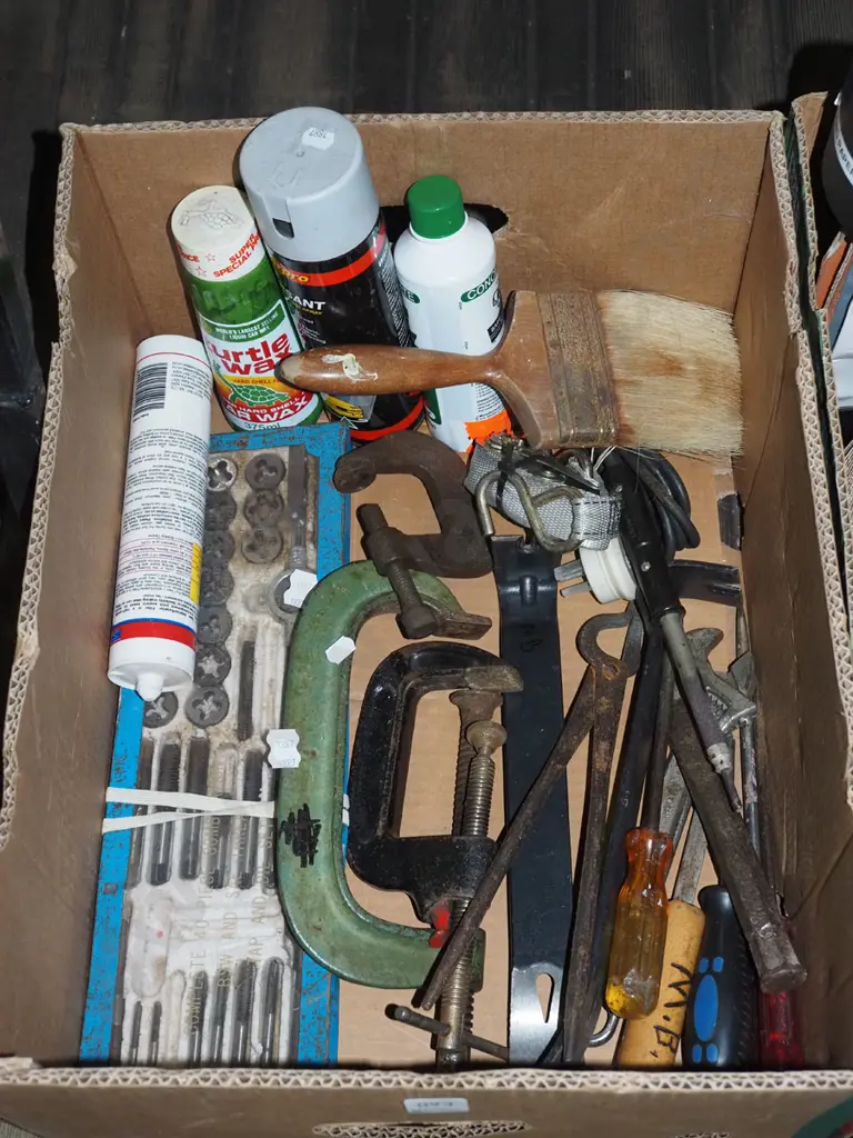 box; G clamps, small tap and die set, paint brush etc Image 1++