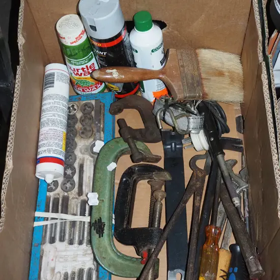 box; G clamps, small tap and die set, paint brush etc