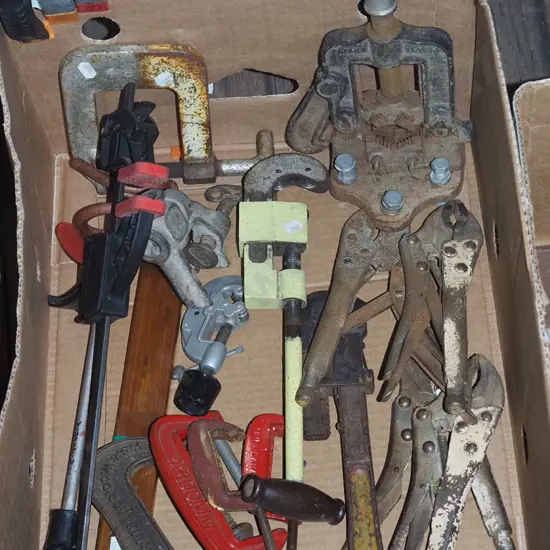 box; vice grips, pipe clamp, G clamps etc