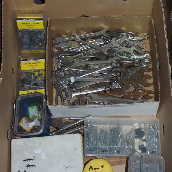 box; open end ring spanners, rivets, roofing screws etc