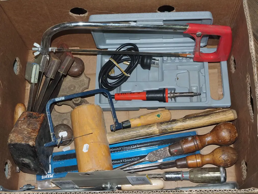 box; soldering iron, builder's squares, mallets etc Image 1++