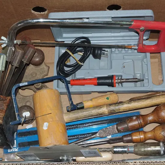 box; soldering iron, builder's squares, mallets etc