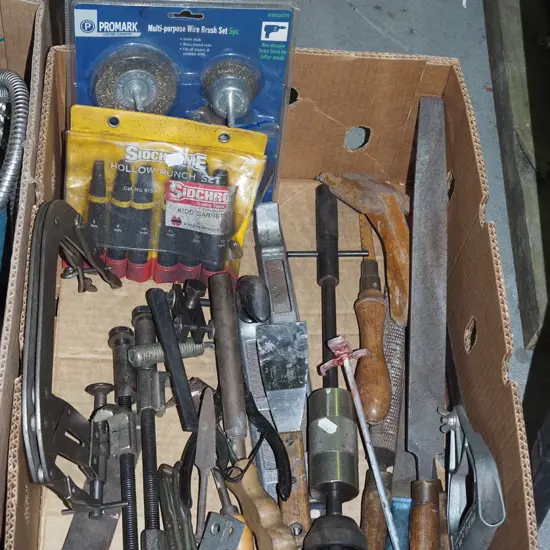 box; valve spring compressor, wire brush set, rasps etc