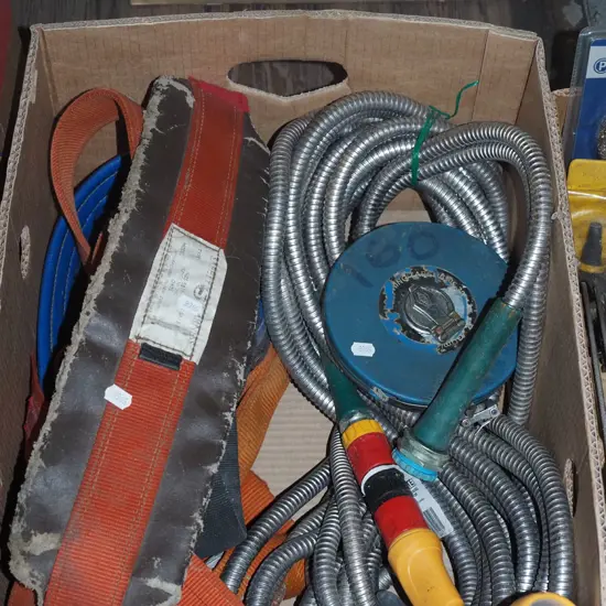 garden hose, tape measure, safety harness