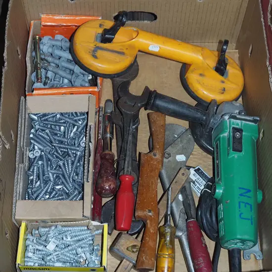 box; angle grinders, hand tools, nuts etc