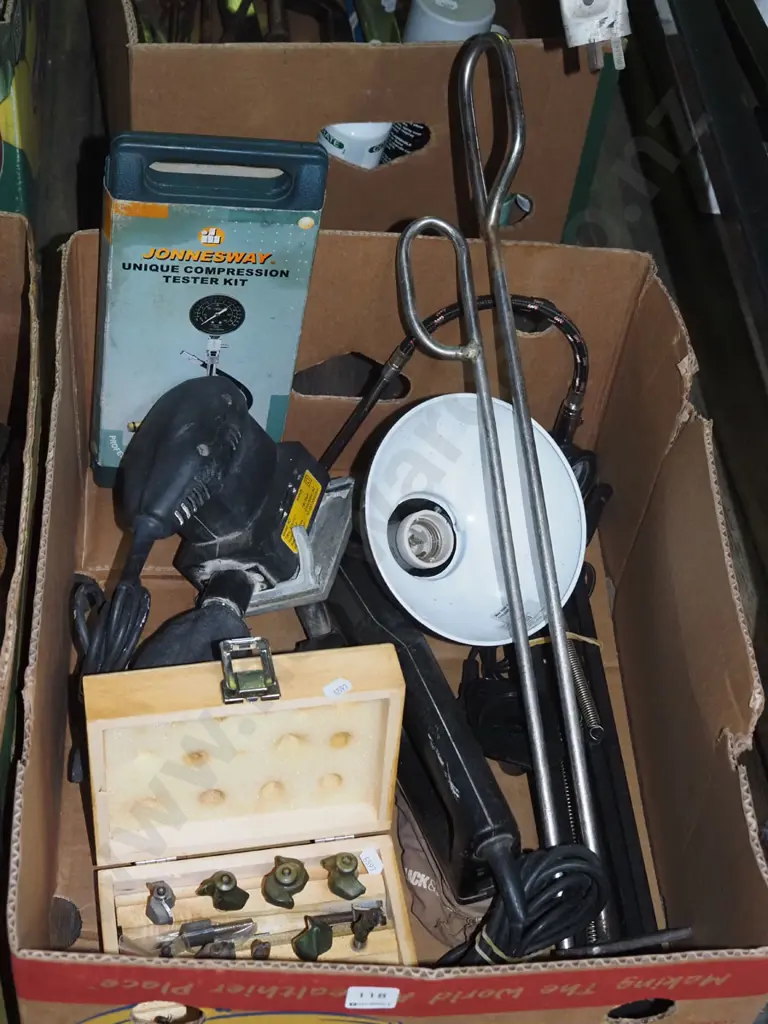 box; anglepoise lamp, router bits, finishing  sander etc Image 1++