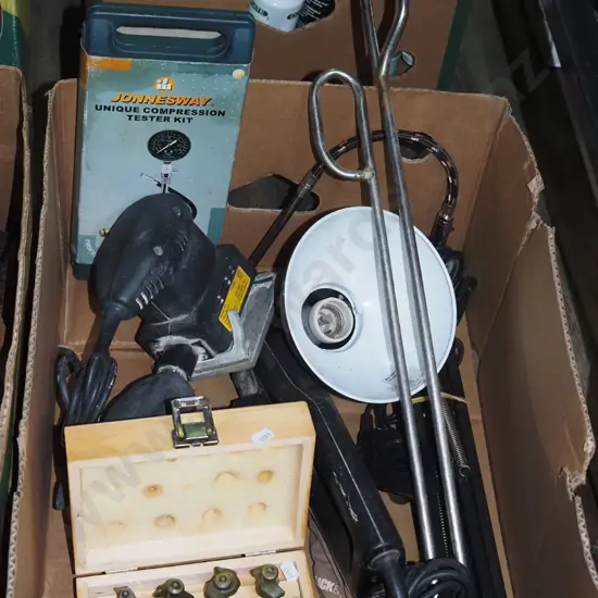 box; anglepoise lamp, router bits, finishing  sander etc