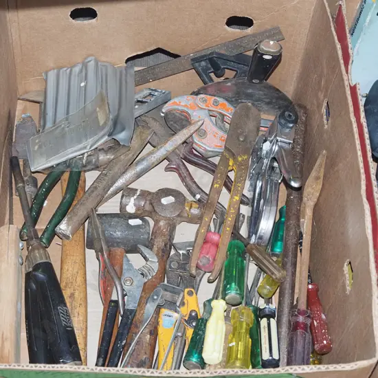 box; hand tools, tin snips, screwdrivers etc