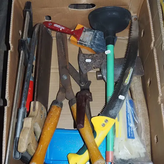 box; plumbers plunger, F clamp, hatchet etc