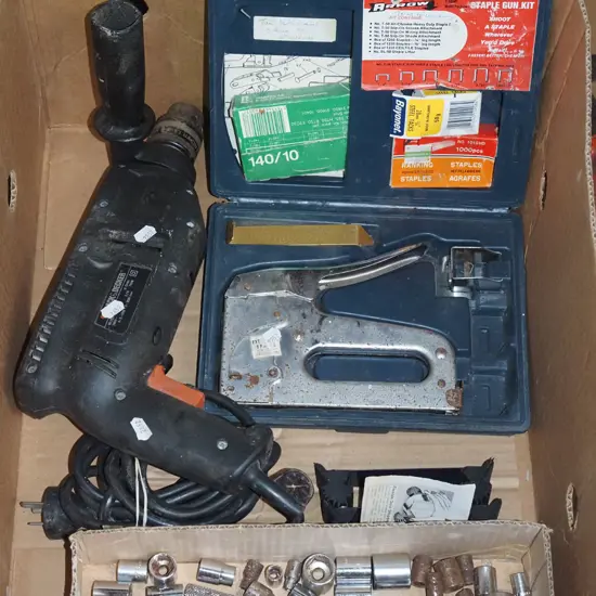 box; electric drill, sockets, staple gun etc