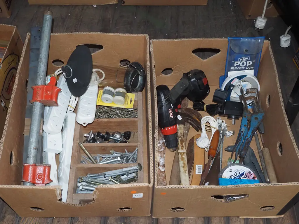 2x boxes; hammers, vice grips, screws, multi boards etc - orange dots Image 1++