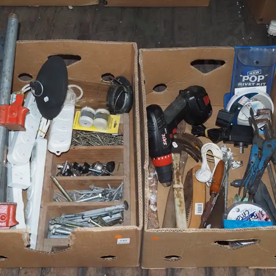 2x boxes; hammers, vice grips, screws, multi boards etc - orange dots