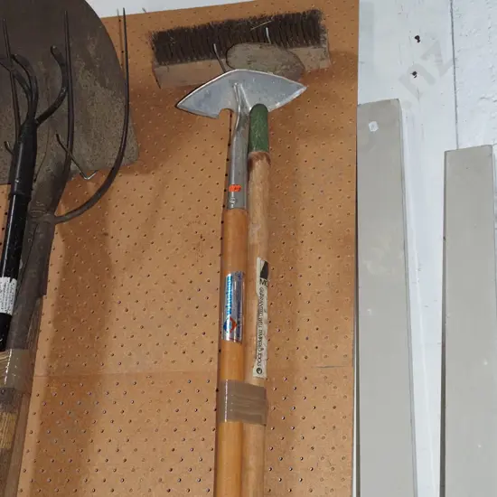 long handled wire brush, 2 garden hoes
