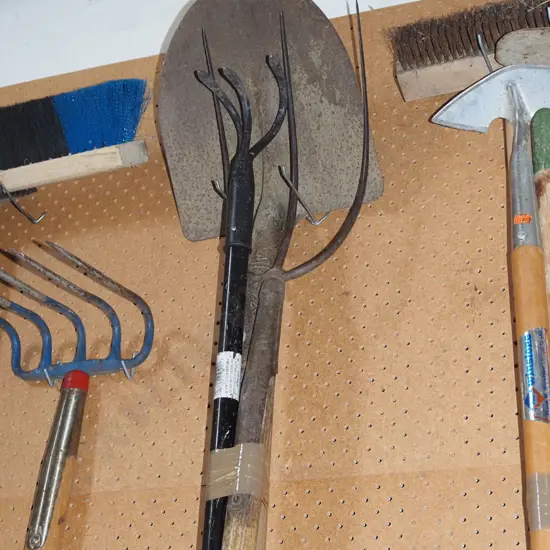 shovel, pitch fork, cultivator