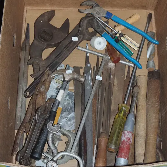 box; files, pliers, tin snips etc
