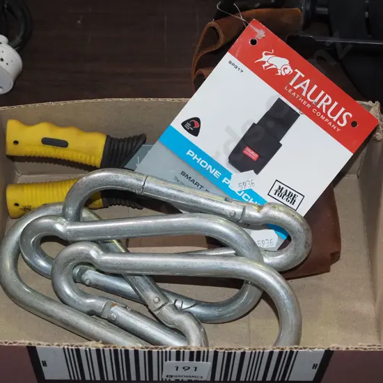 box; leather phone pouch, wire crimping stripping tool, 4x heavy duty caribiners