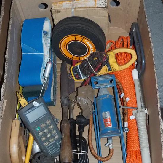 box; foot pump, rope, soldering irons etc
