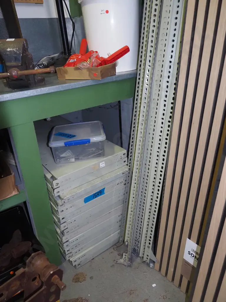 Dexion shelving - 28 shelves, 12 uprights, container of hardware Image 1++