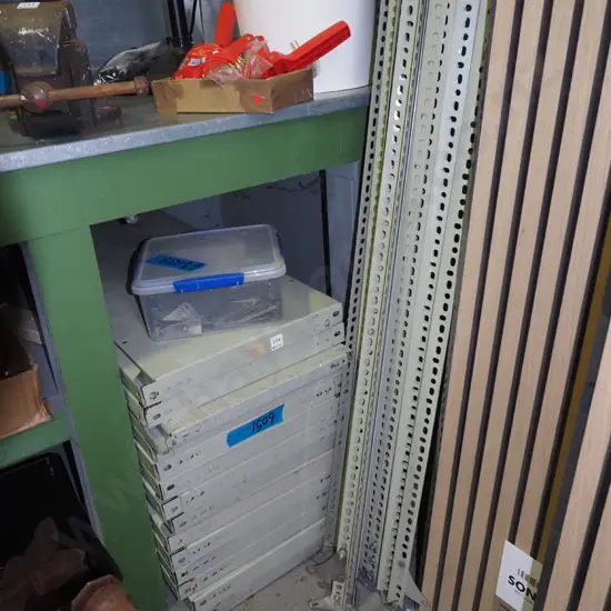 Dexion shelving - 28 shelves, 12 uprights, container of hardware