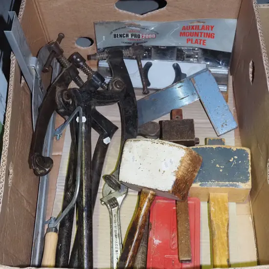 box; wooden mallets, builder's square, clamps etc