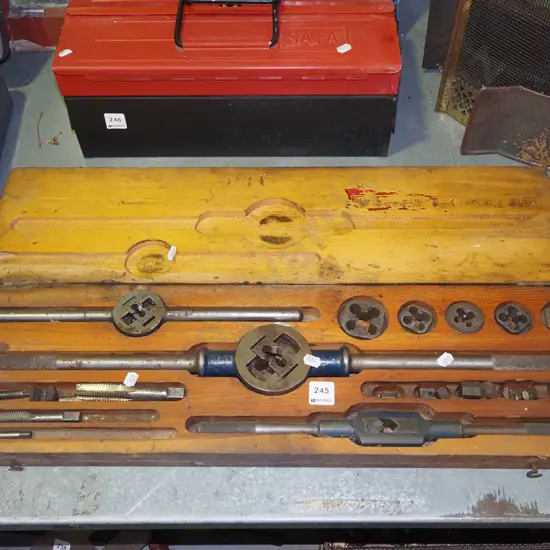 wood cased vintage tap and die set