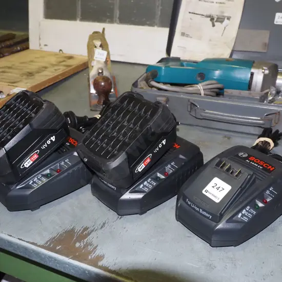 3x Bosch battery chargers, 2x 18V batteries