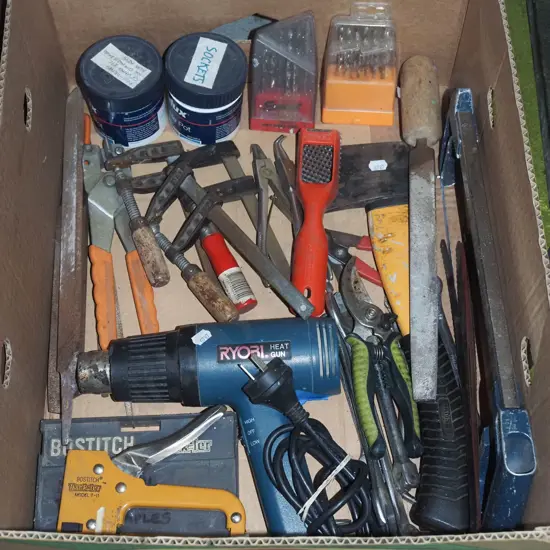 box; heat guns, stapler, drill bits etc