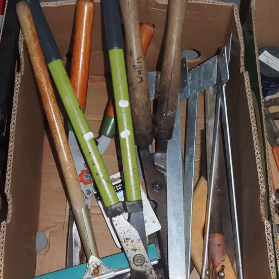 box; hedge trimmers, loppers, galvanised flat stakes etc