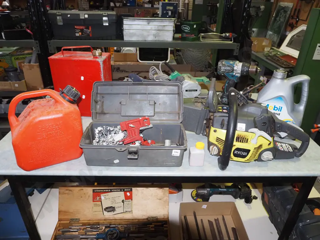 Ryobi chainsaw with accessories; tool box, fuel container, chain bar oil etc Image 1++