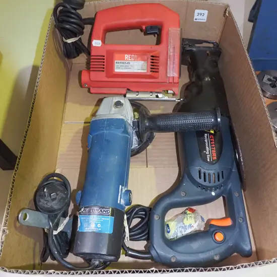 box; reciprocating saw, angle grinder, jig saw
