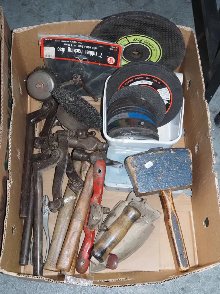 box; ball peen hammers, mallets, vintage iron etc Image 1++
