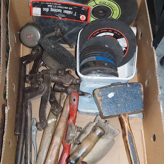 box; ball peen hammers, mallets, vintage iron etc