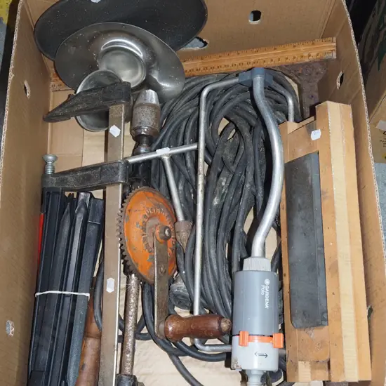 box; extension cords, F clamp, egg beater drill etc