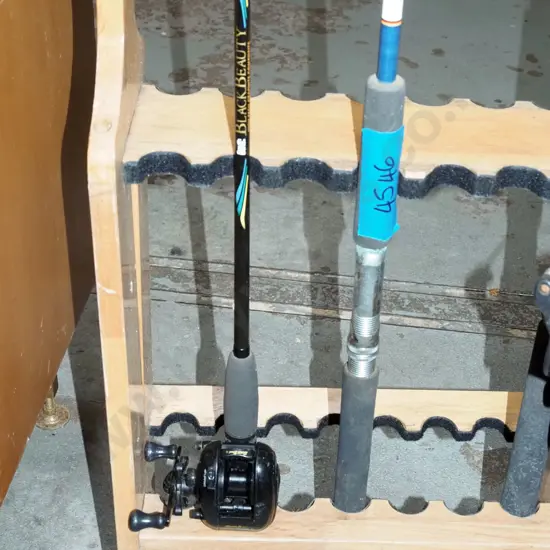 1x fishing rod, 1x fishing rod and reel - orange dots