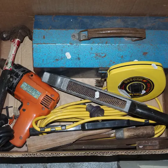 box; extension cords, drill, tape measure etc