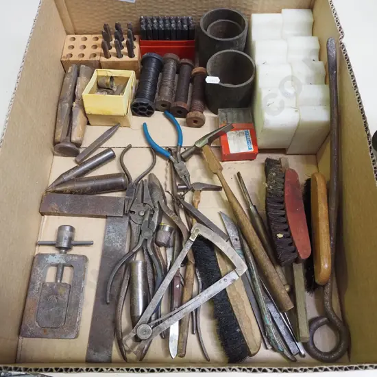 box of jeweller's tools; hammers, calipers etc