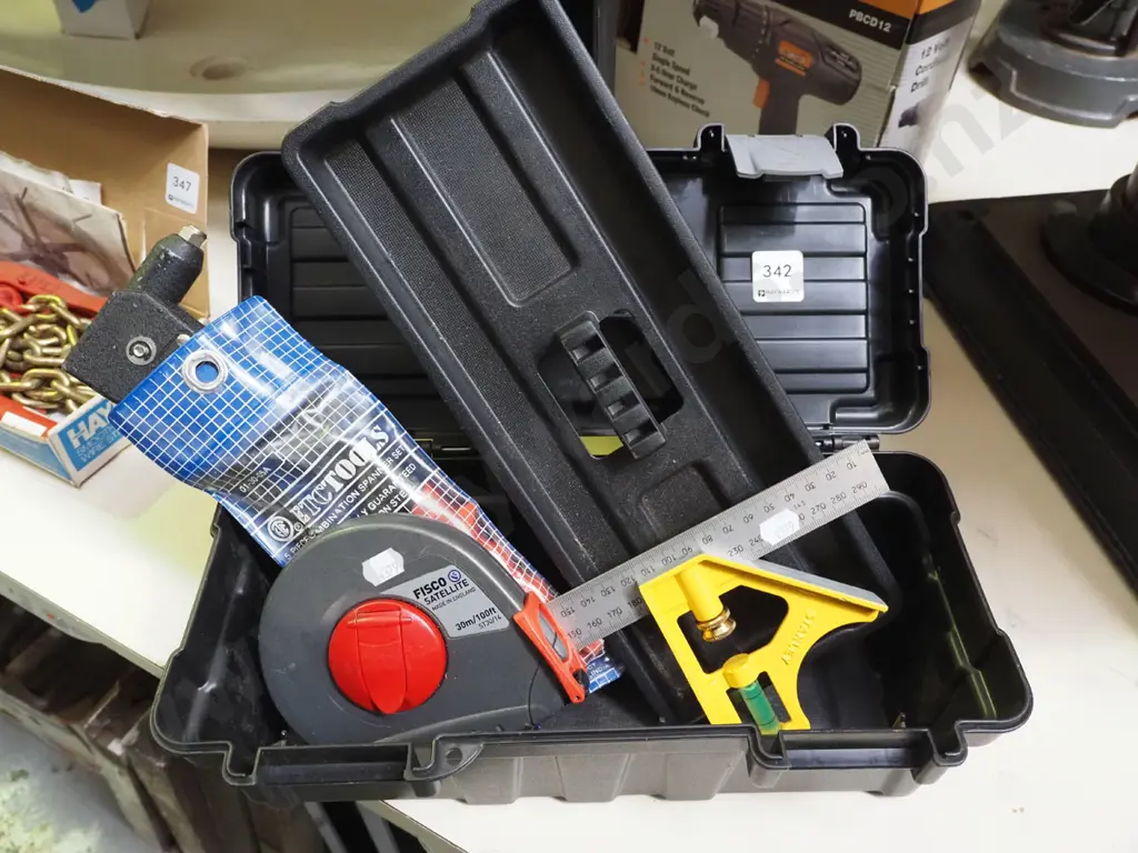 small plastic tool box; tape measure, square etc Image 1++
