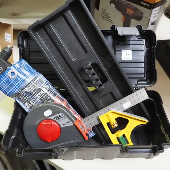 small plastic tool box; tape measure, square etc