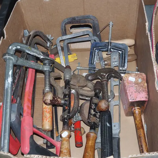 box; hack saws, mallets, eggbeater drills etc