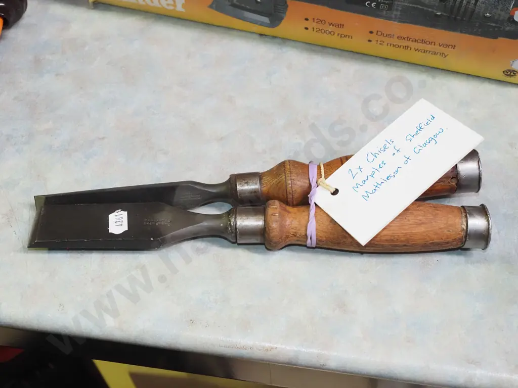 2x vintage wooden chisels - Marples of Sheffield, Mathieson of Glasgow Image 1++