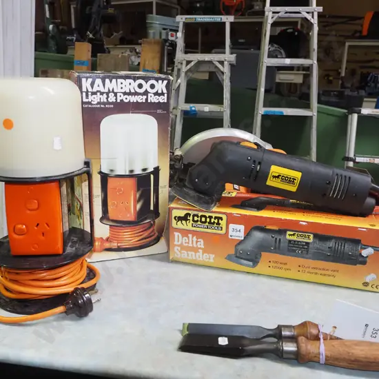 Colt Delta sander, Kambrook light and power reel - orange dots