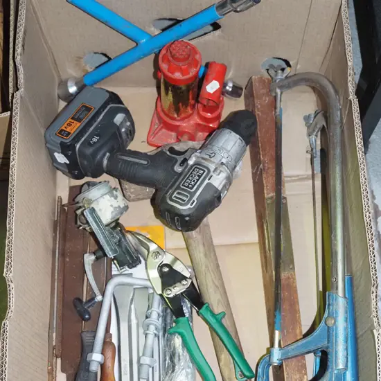 box; hack saws, builders level, tin snips etc