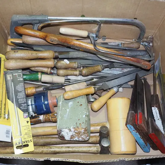 box; screwdrivers, files, builder's squares etc