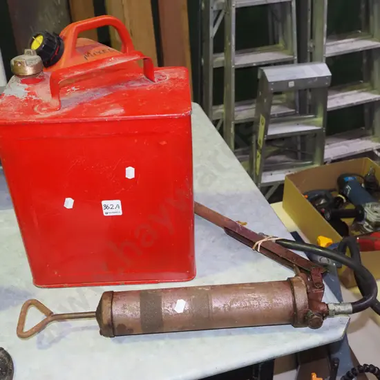 vintage fuel can, lever action grease gun