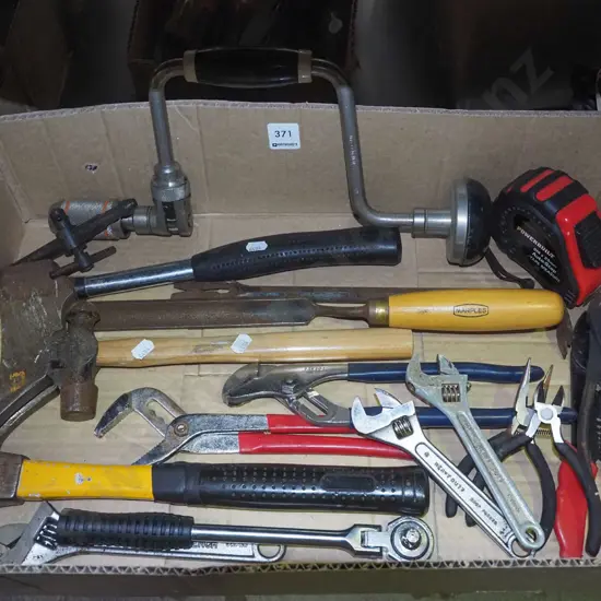 box; hatchet, ball peen hammer, tape measure etc